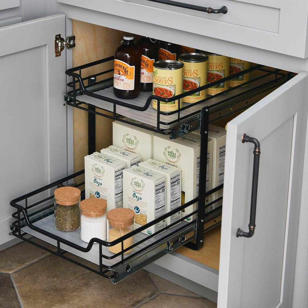 Black Dual-Slide 2-Tier Steel Storage Organizer with Plastic Liners