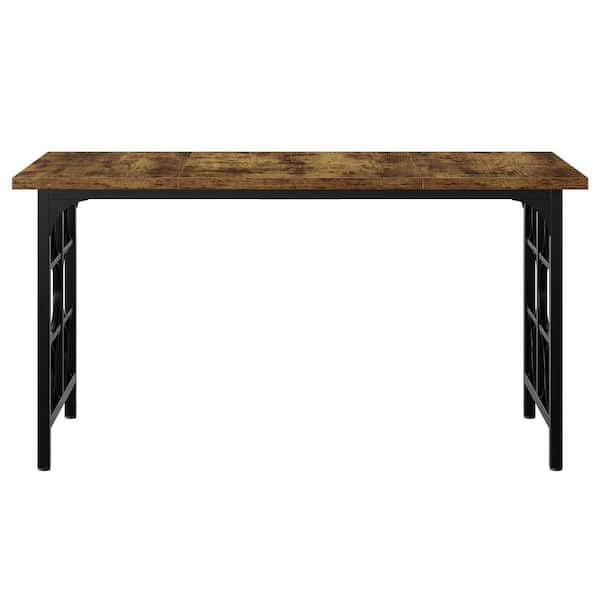 Halseey Brown Black 55 in Wood Rectangle 4 Legs Dinner Kitchen Dining Table Seat 6 Heavy Duty Frame Farmhouse Simple