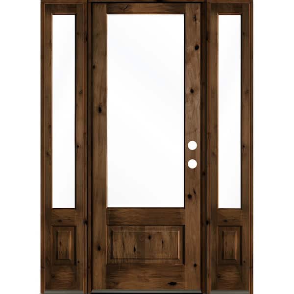 Krosswood Doors 64 in. x 96 in. Knotty Alder Left-Hand/Inswing 3/4-Lite Clear Glass Provincial Stain Wood Prehung Front Door with DSL