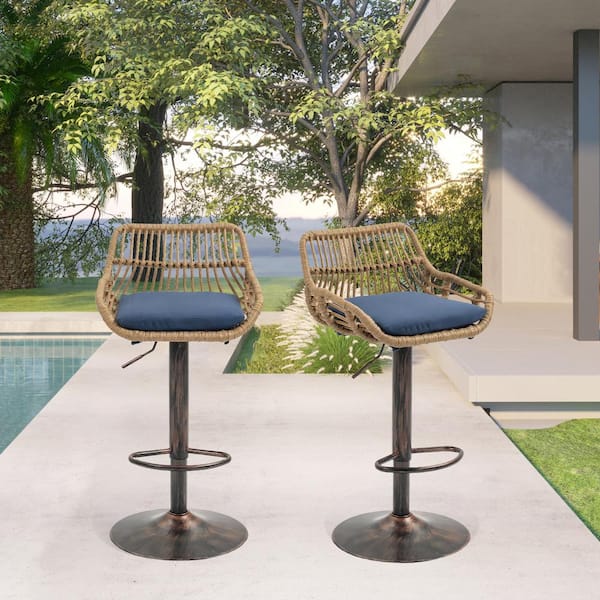 HOMEFUN 43 in. Anti-Bronze Metal Frame Adjustable Outdoor Bar Stool with Navy Blue Rattan Removable Cushioned Seat (Set of 2)