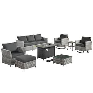 Eufaula Gray 10-Piece Wicker Outdoor Patio Fire Pit Conversation Sofa Set with Swivel Rocking Chairs and Black Cushions