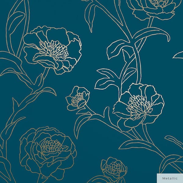 Peacock Blue and Metallic Gold Peonies Vinyl Peel and Stick Wallpaper Roll (Covers 28 sq. ft.)