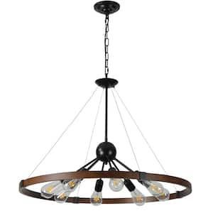 8-Light Retro Farmhouse Chandelier in Red and Walnut for Kitchen, Living Room, Dining Room