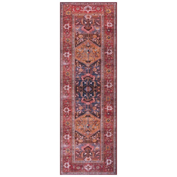 SAFAVIEH Tucson Navy/Rust 3 ft. x 8 ft. Machine Washable Border Floral Medallion Runner Rug