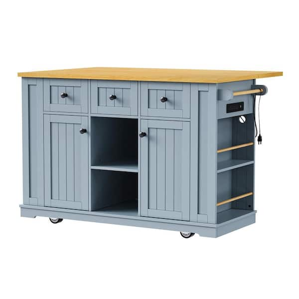 Gray/Blue Wood 53 in. Kitchen Island with Drop Leaf, Door Internal Rack, Rolling Kitchen Cart with 3 Drawers