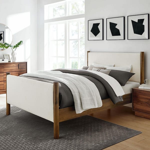 Maven Brown Wood Frame King Platform Bed with Upholstered Boucle Headboard and Footboard