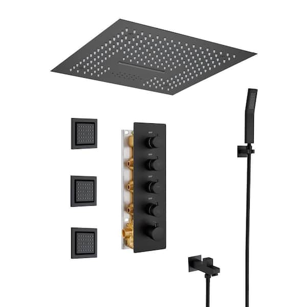 Unbranded Luxury LED and Music 4-Spray Patterns Thermostatic 16 in. Ceiling Mount Rain Dual Shower Heads with 3-Jet in Matte Black