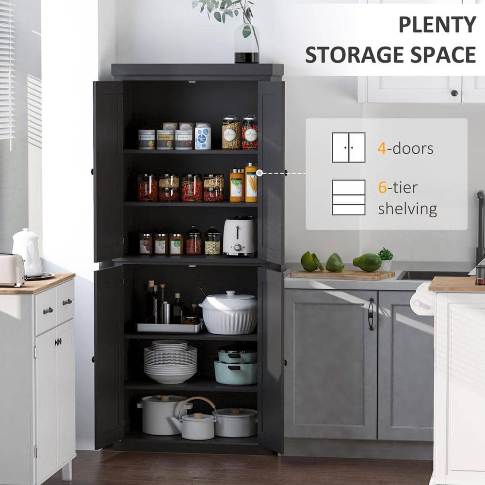 Tall Black MDF Kitchen Pantry Cabinet with Recessed Panel Doors