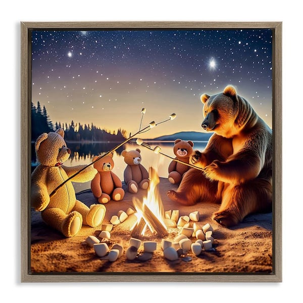 Fireside Friends Bear by Alina Georgescu Brown Floater Frame Animal Graphic Art Print 25 in. x 25 in.