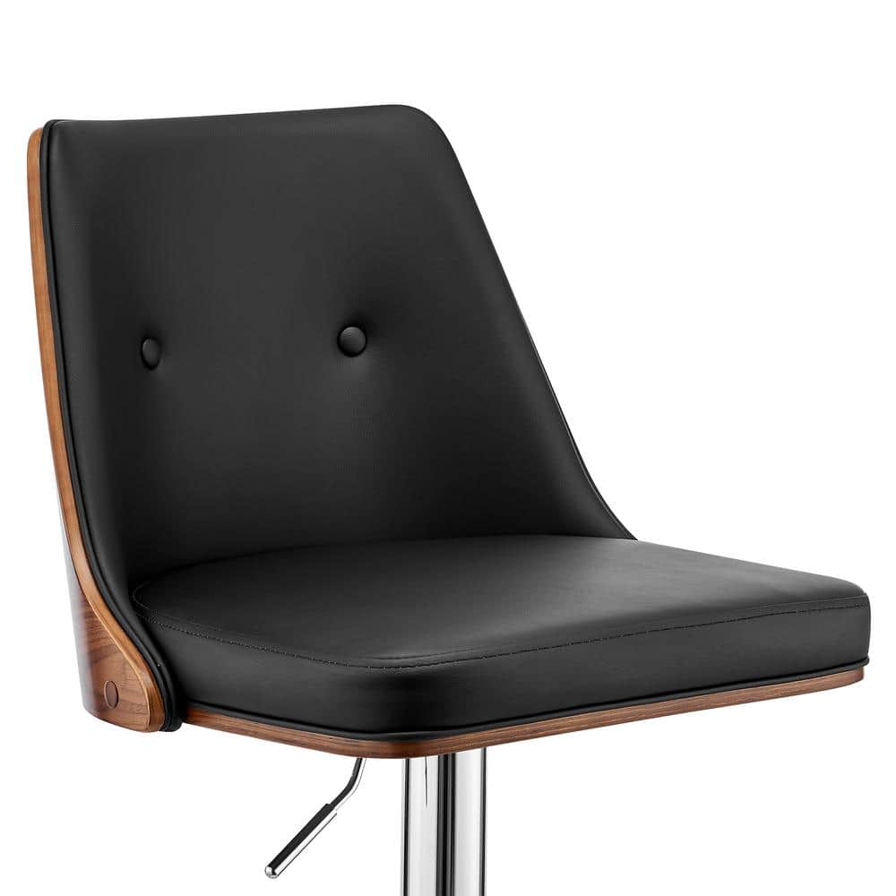 Adjustable Swivel Black Leather & Walnut Wood Bar Stool with Chrome Base