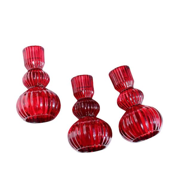 Red Glass Taper Candle Holders-Set of 3, 4.3 in. H for Halloween, Vintage Ribbed Design for Fall Dining Decor
