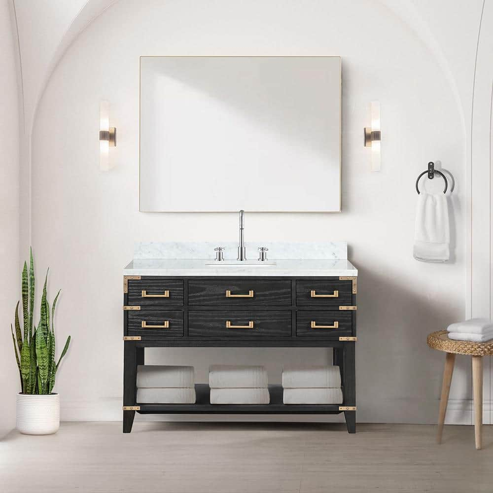 Irvington 48 in W x 22 in D Black Oak Single Bath Vanity, Carrara Marble Top, and Faucet Set -  Lexora, LVI48SJ101