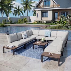 Metal 10-Seat 9-Piece Outdoor Patio Conversation Set with Gray Cushions and Coffee Table