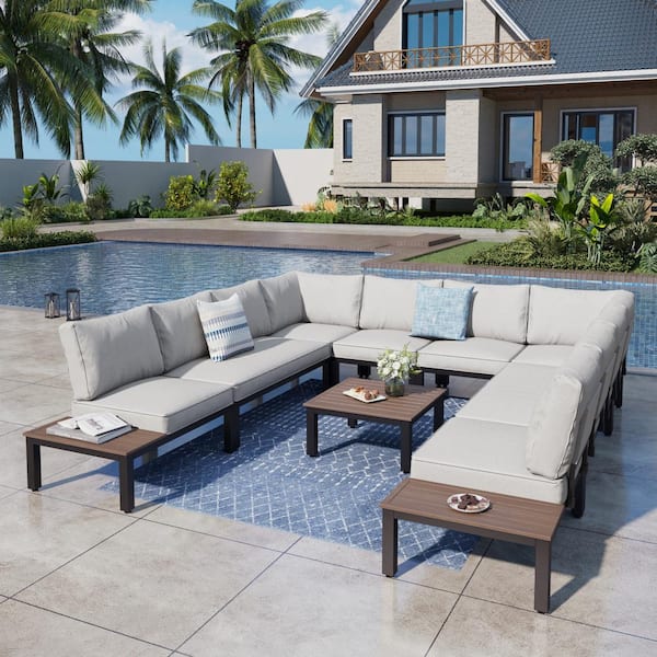 PHI VILLA Metal 10-Seat 9-Piece Outdoor Patio Conversation Set with Gray Cushions and Coffee Table