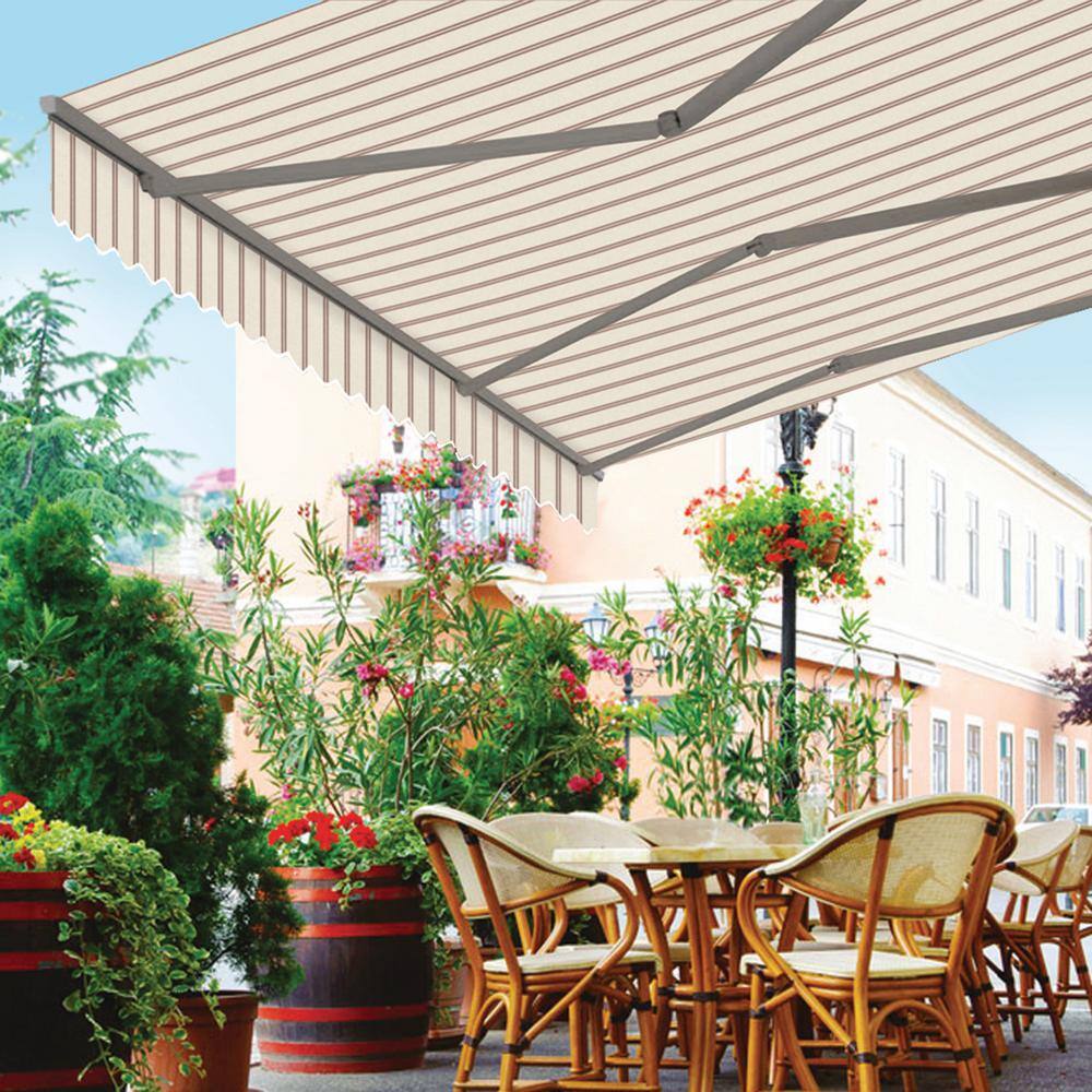 Beige and Red Striped Motorized Patio Awning with Aluminum Frame