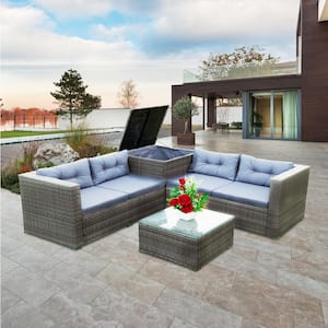 4 Piece Patio Sectional Wicker Rattan Outdoor Furniture Sofa Set with Gray Cushions