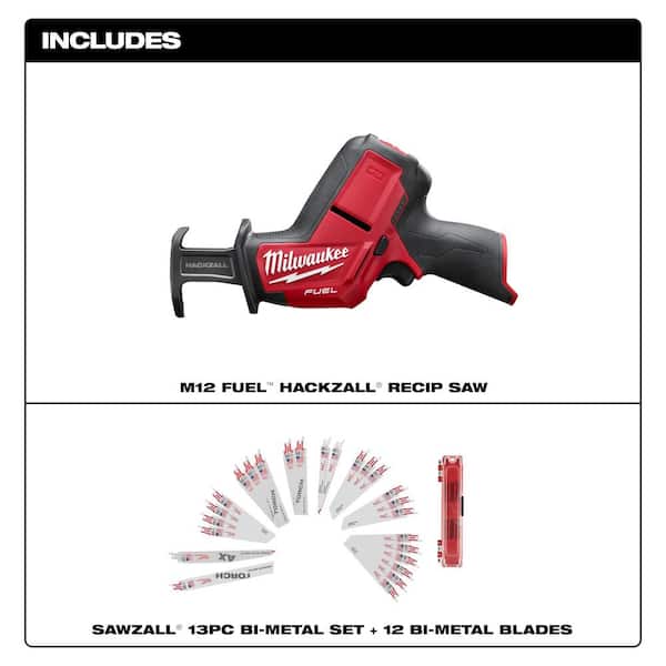M12 FUEL 12V Lithium-Ion Brushless Cordless HACKZALL Reciprocating Saw (Tool-Only) with SAWZALL Saw Blade Set (25-Piece)