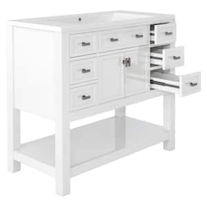 36 in. W x 18 in. D x 34.1 in. H White Linen Cabinet with 6-Drawers, 1-Door, 1 Open Shelf and Resin Basin