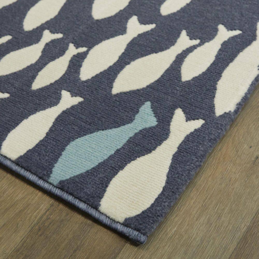 Navy and Cream Fish Pattern Rectangular Synthetic Kids Rug