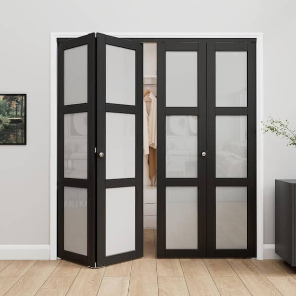72 in. x 80 in. 3-Lite Frosted Glass Solid Core MDF Black Finished Glass Closet Bi-Fold Door with Hardware for Closet