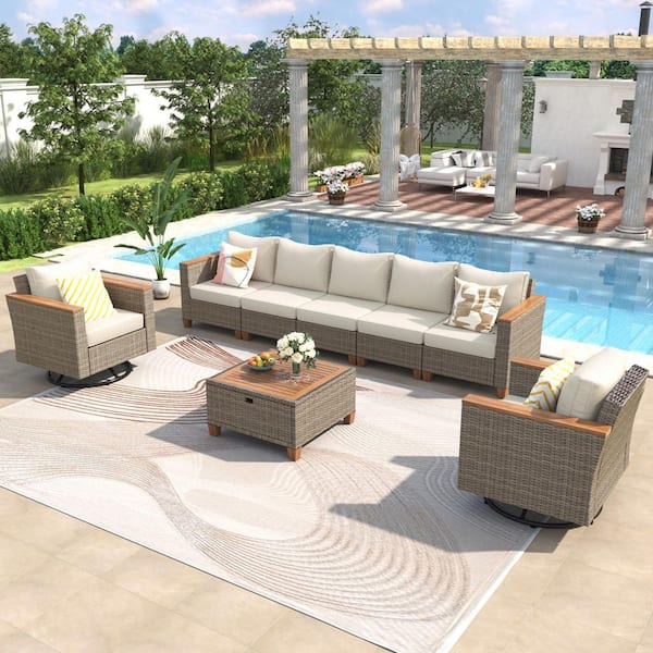 8-Piece Wicker Outdoor Patio Conversation Set with Thick Beige Cushions, Acacia Storage Table, Swivel Rocking Chairs