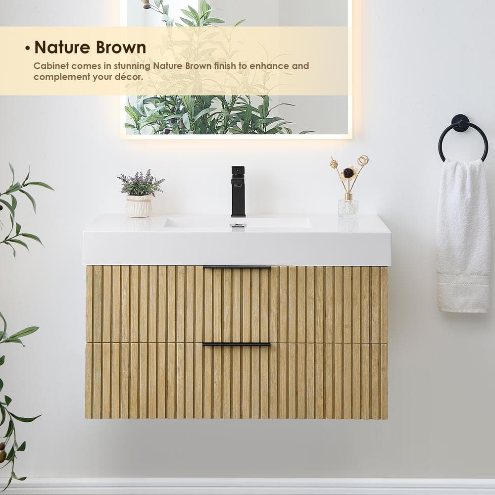 Livia 36" Nature Brown Fir Wood Wall-Mounted Vanity with White Sink