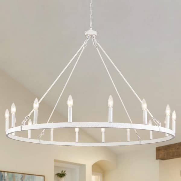 16-Light Vintage White Candlestick Circle Wagon Wheel Chandelier Oversize Island Chandelier Lighting for Dining Room