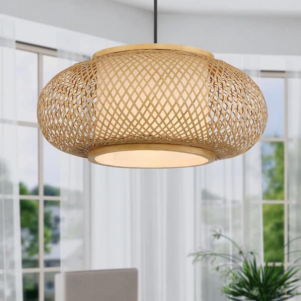 Linnea 60-Watt 1-Light Black with Stained Cane Tropical Pendant Light with Stained Cane Shade and No Bulbs Included