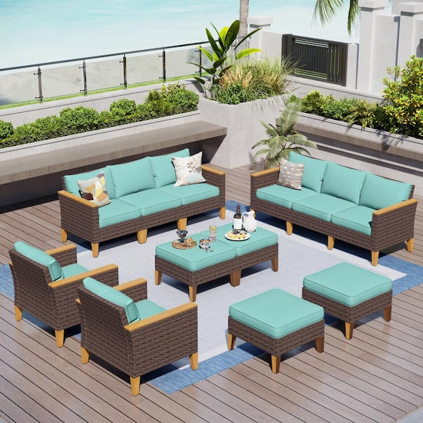 PHI VILLA Brown Wicker Rattan 12 Seat 12-Piece Steel Outdoor Patio Conversation Set with Blue Cushions and 4 Ottomans