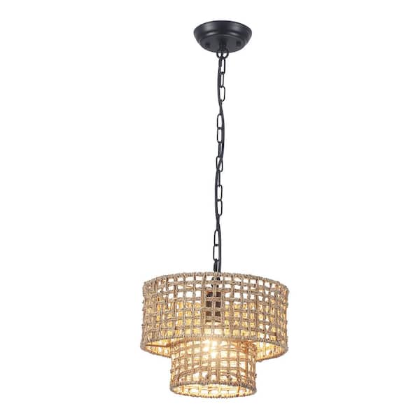 ZJVAIVE 1-Light Drum Black Hanging Ceiling Pendant Light Linear Chandelier with Rattan Shaded for Kitchen Island