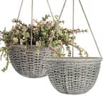 9.8 in. Dia Stone Color Recycled Plastic Hanging Basket with Weave Pattern (2-Pack)