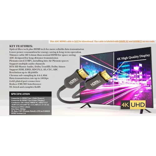 65 ft. Hybrid Active Optical Fiber HDMI Plenum Rated Black Cable HDMI Cables