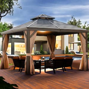 12 ft. x 12 ft. Aluminum Double Galvanized Steel Roof Gazebo with Ceiling Hook, Mosquito Netting and Curtains, Bronze