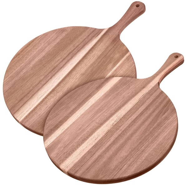 2 Pieces Acacia Finish Round Pizza Peel and Charcuterie Board with Handle for Cheese Fruit Vegetable Serving