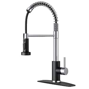 Single-Spring Handle Kitchen Faucet with Pull Down Function Sprayer Kitchen Sink Faucet with Deck Plate in Black Chrome