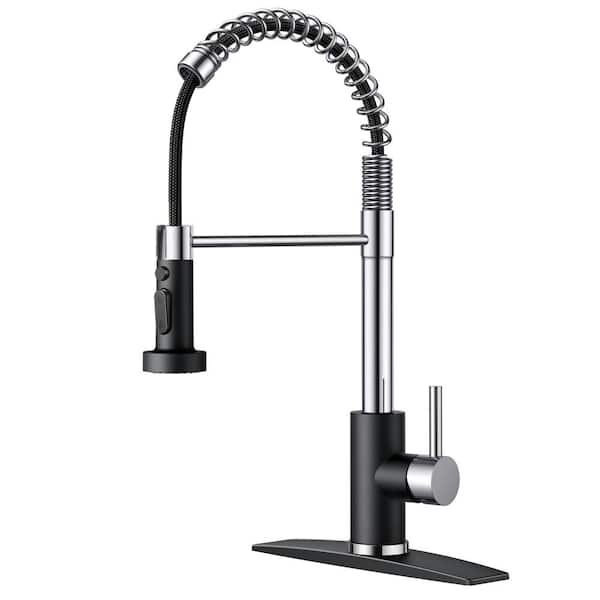 FORIOUS Single-Spring Handle Kitchen Faucet with Pull Down Function Sprayer Kitchen Sink Faucet with Deck Plate in Black Chrome