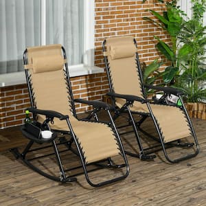 Beige Metal 2 Pieces Outdoor Rocking Chairs with Pillow, Cup and Phone Holder, Combo Design with Folding Legs
