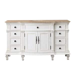 60 in. W x 22 in. D Vanity in Antique White with Stone Vanity Top in Travertine with White Basin