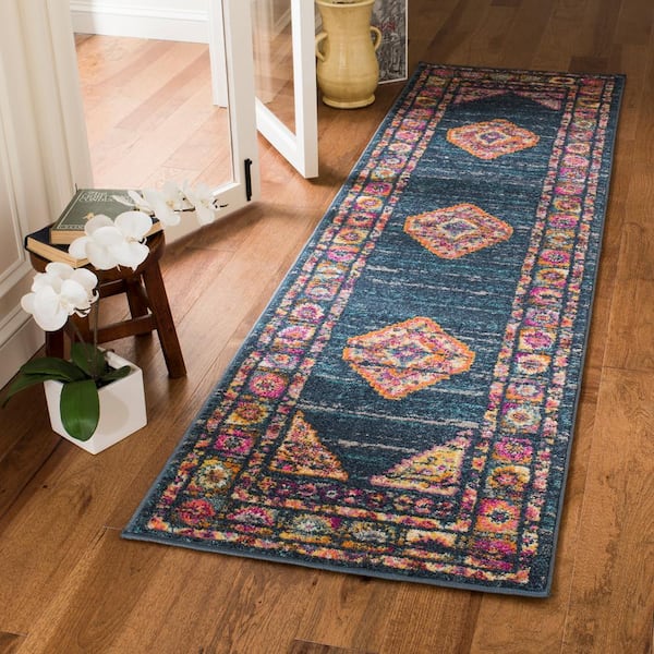 Madison Blue/Fuchsia 2 ft. x 14 ft. Border Floral Geometric Medallion Runner Rug