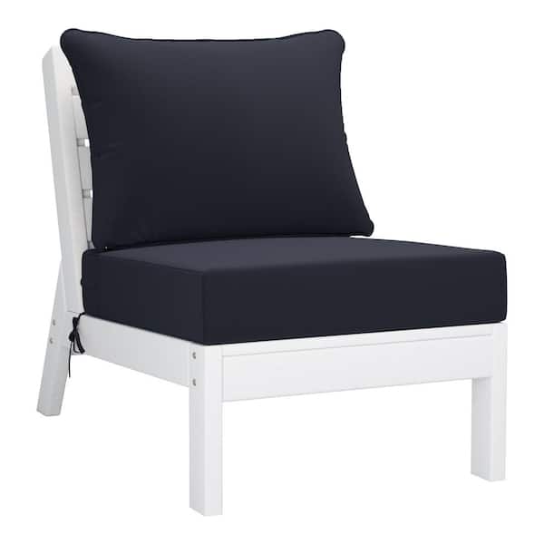 WESTIN OUTDOOR Birchwood Outdoor Patio Deep Seating HDPE Plastic Armless Lounge Chair in White with Navy Blue Cushions