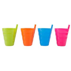 10 OZ Reusable Plastic Cups with Straw Blue, Pink, Green, and Orange, Set of 4