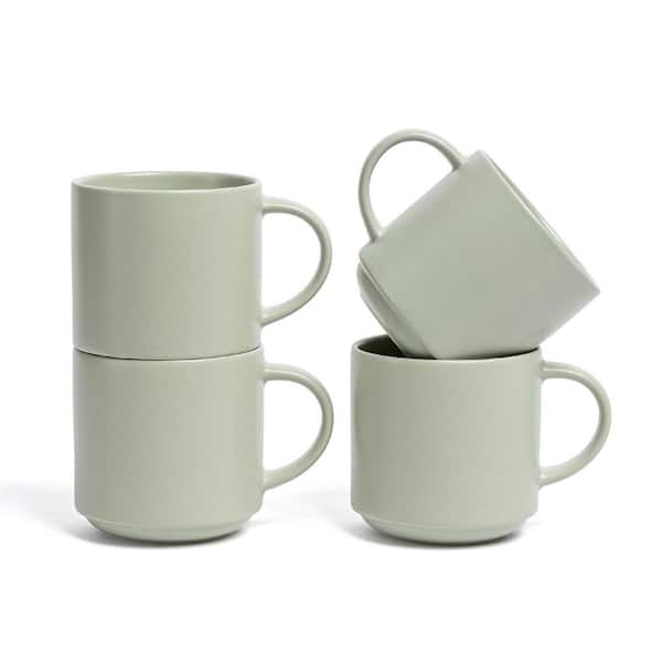 Stackable 14oz Semi-Matte Sage Green Hand-Finished Stoneware Mugs, Set of 4