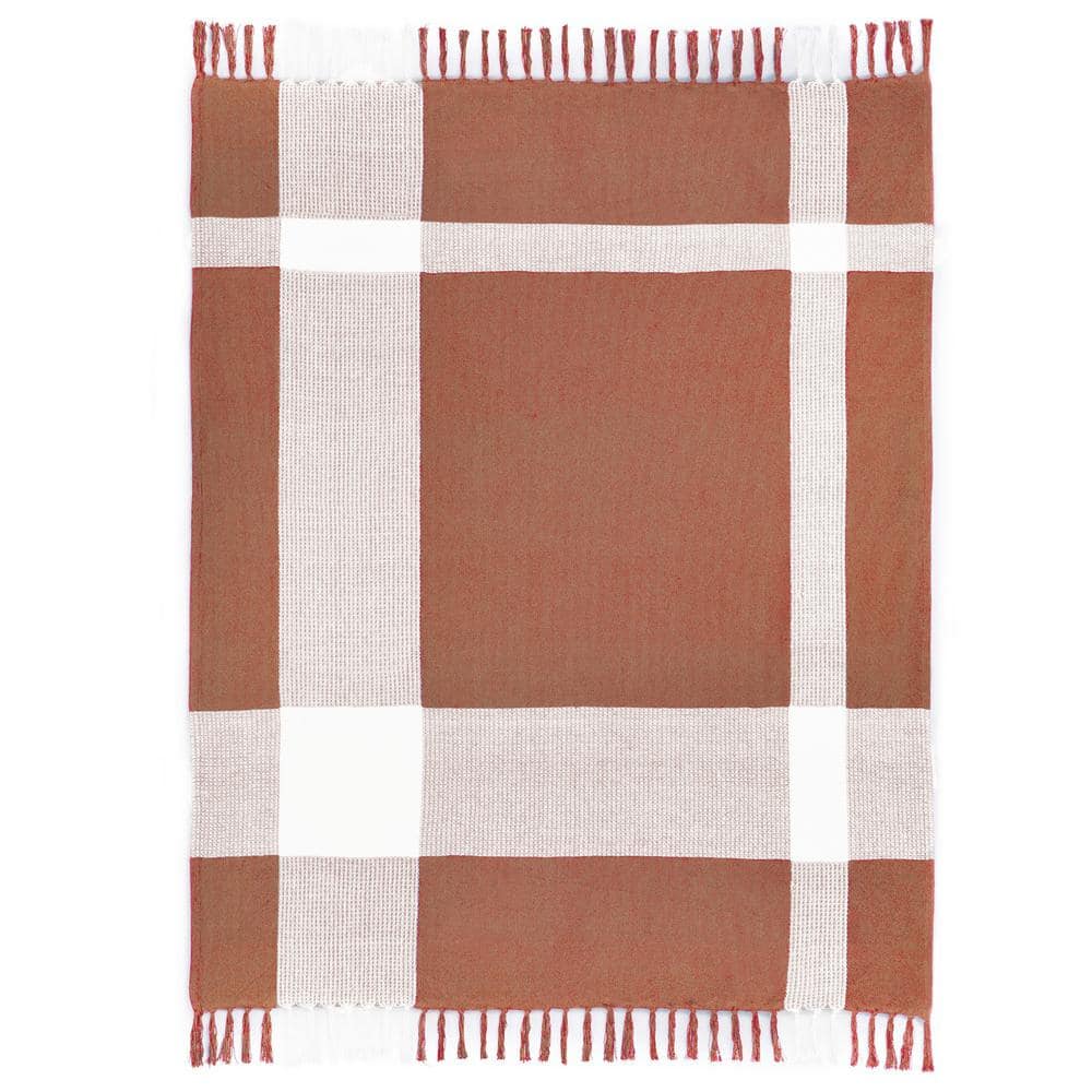 Hailee Brown/White Hand-Woven Plaid Farmhouse All Natural Cotton Throw Blan