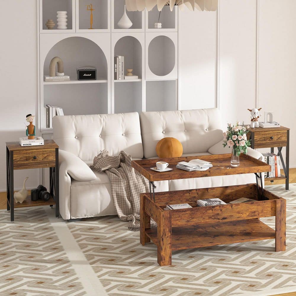 3-Piece Coffee Table Set 38.6 in. Brown Rectangle MDF Coffee Table with Lift-Top Table and 2 Matching Nightstands