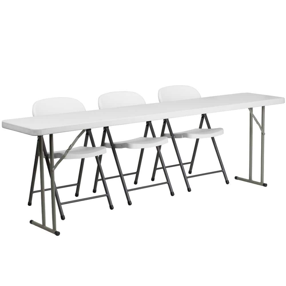 96 in. White Plastic Tabletop Plastic Seat Folding Table and Chair Set