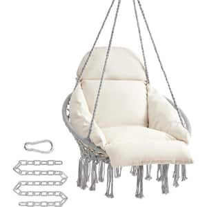 2.6 ft. Hanging Boho Swing Hammock Chair with Thick Cushion, Holds up to 264 lbs. in Gray/Cloud White