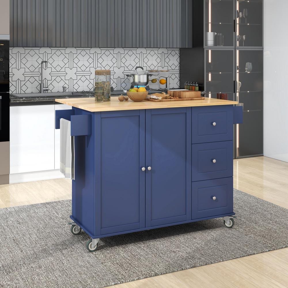 Blue Wooden 52.7 in. Mobile Kitchen Island Cart with Solid Wood Drop-Leaf Countertop, 2-Door Cabinet and 3-Drawer, Navy Blue