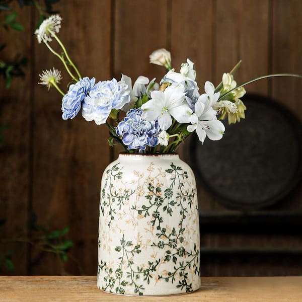 7.8 in. Green and Beige Porcelain Ceramic Decorative Vase Vintage