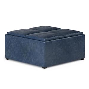 Avalon 35 in. Wide Contemporary Square Coffee Table Storage Ottoman in Denim Blue Faux Air Leather