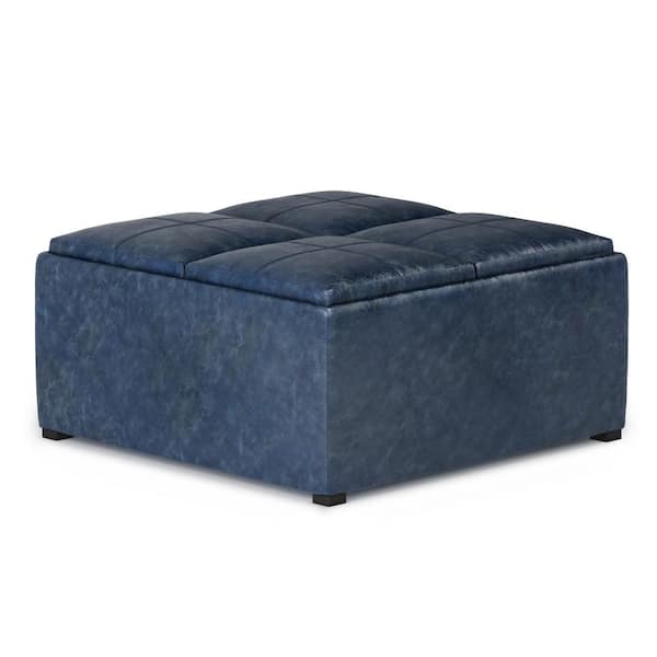 Simpli Home Avalon 35 in. Wide Contemporary Square Coffee Table Storage Ottoman in Denim Blue Vegan Faux Leather, Assembled